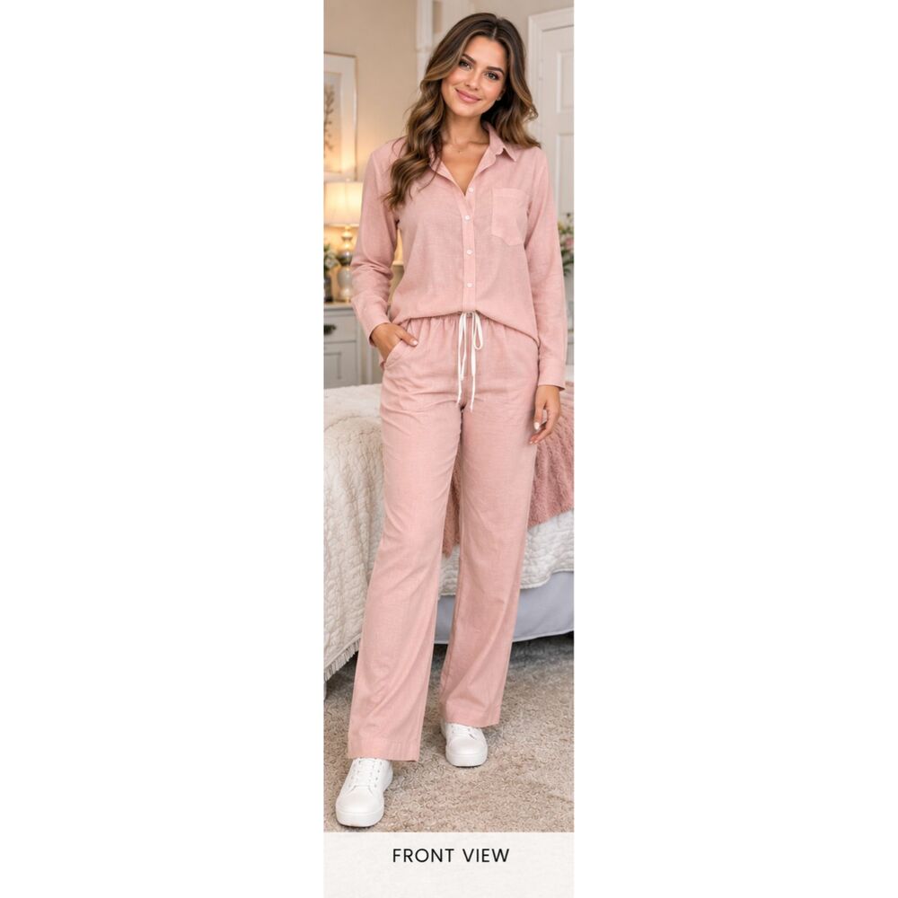 Women's Small Blush Pink 2 Piece Button Down Shirt Drawstring Pants Set